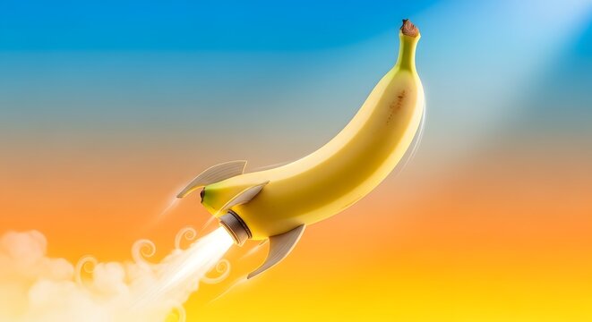 pisang roket meluncur terbang ke langit konsep inovasi bisnis pertumbuhan cepat energi nutrisi startup kesuksesan ide kreatif surealis
