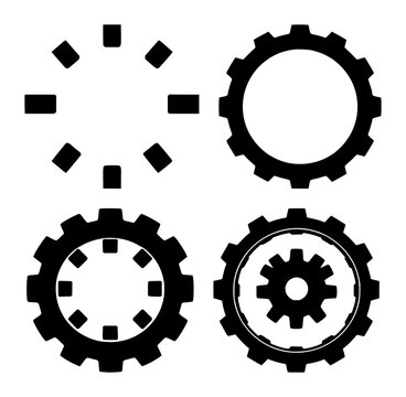 Gear wheel icon set with solid black silhouette on white background featuring gear, mechanical, settings symbol with minimalist and vector design