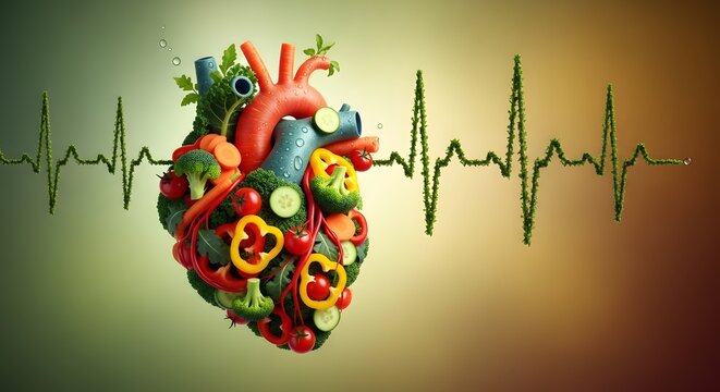 Jantung anatomis dari sayuran segar dengan garis detak ekg hijau konsep kesehatan kardiovaskular diet vegan nutrisi penyakit pencegahan gaya hidup bugar