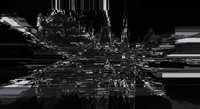 Pixel sorting technique creates a dynamic digital abstract with intense data distortion and dark fractured structures.. AI Generated