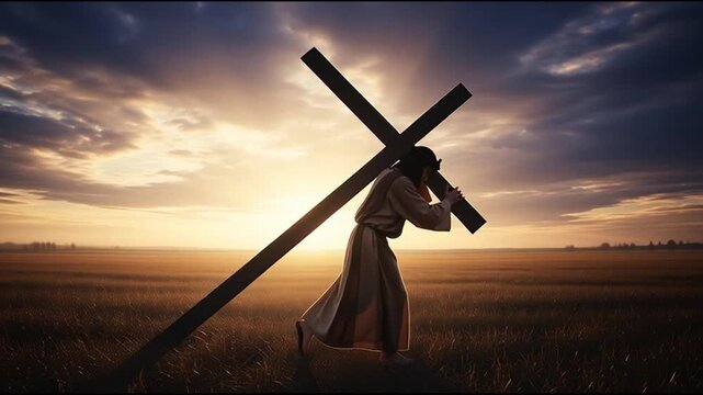 Jesus carrying cross in field at sunset