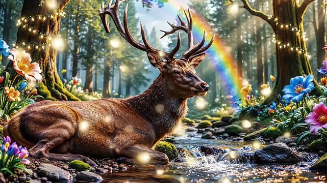 Majestic stag resting beside a sunlit forest stream under a rainbow and magical glow