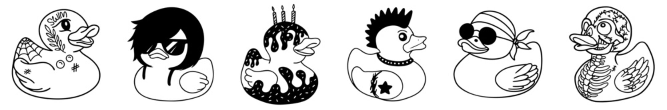 Rubber duck character set for bath toys &mdash; funny bathtub duckies styled as punk rocker, emo cool duck, cake dessert duck, pirate sunglasses duck, tattoo duck and zombie skeleton duck