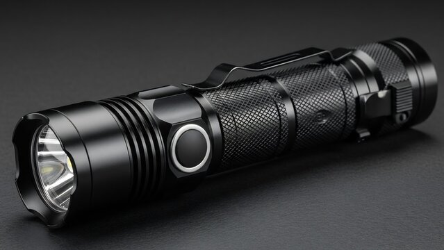 Sleek black tactical LED flashlight emitting a strong white beam against a dark simple background. AI Generated