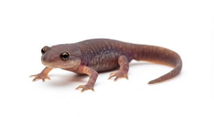 Fototapeta premium Tiny brown salamander stands clearly on crisp white background under bright studio lighting showcasing its smooth skin. AI Generated