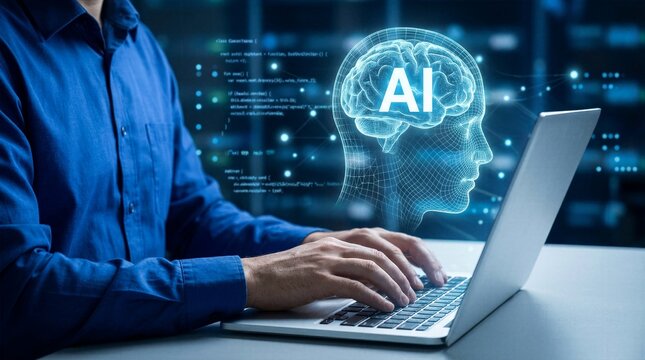 Software developer working on artificial intelligence project with glowing AI brain wireframe and code overlay