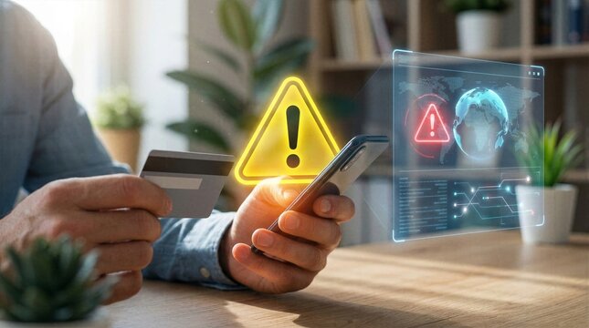 User receiving security alert on mobile phone while holding credit card for online transaction protection