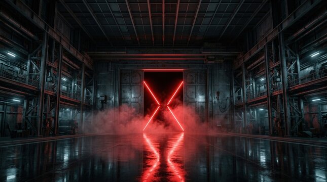 A futuristic 3d render of an empty, dark disco stage with a glowing red neon x and smoke.