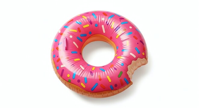A pink inflatable donut with colorful sprinkles on a white background