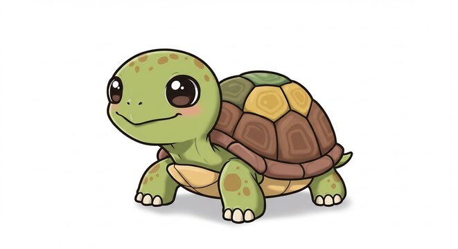 Adorable animated green turtle with a charming smile and colorful shell rendered in a bright playful drawing style. AI Generated