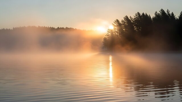 The sun bathes a tranquil lake in a dreamy haze, with silhouetted trees along the shore, creating a serene, peaceful scene.