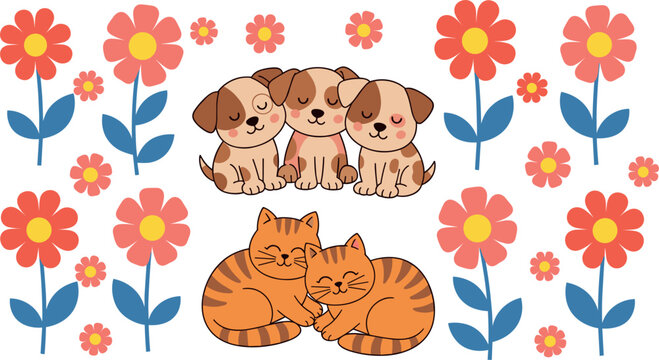 Cute cats and puppies with flowers seamless pattern adorable pets love animal background flat vector illustration design