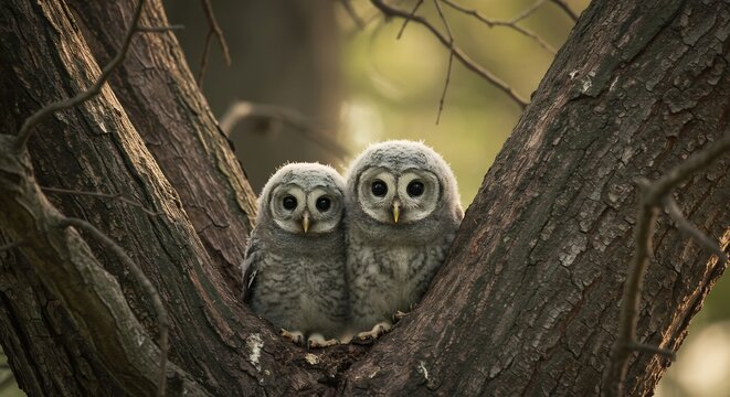 Young owlets huddle warmly on a textured tree branch beautifully lit by a soft sunlit forest glow. AI Generated