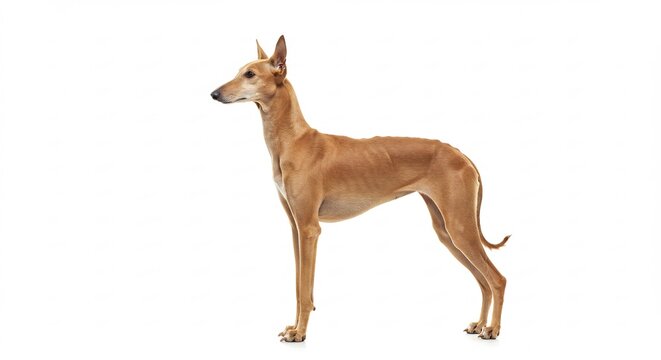 Sleek sighthound dog profile captured with a clean minimalist aesthetic against a vivid white backdrop. AI Generated