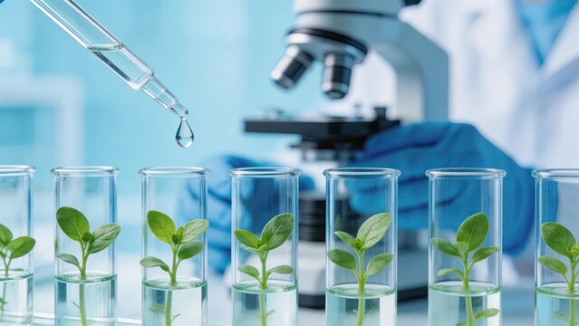 Scientist conducting plant research in modern laboratory with microscope and test tubes containing green seedlings symbolizing biotechnology agriculture innovation and sustainable