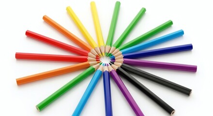 Fototapeta premium A collection of colorful markers arranged in a circular pattern on a white background