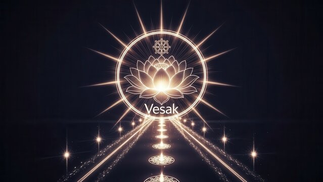 Enchanting Glowing Lotus Dharma Wheel and Vesak Celebration Path on Dark Background Digital Art