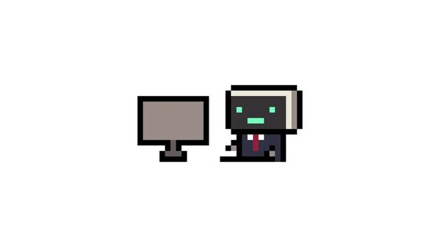 8-bit pixel art businessman robot character work with computer. looped animation 4k 30fps