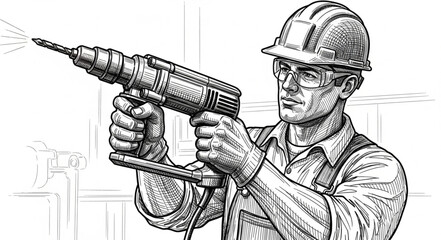 Construction worker operating handheld power drill on site. © Pono