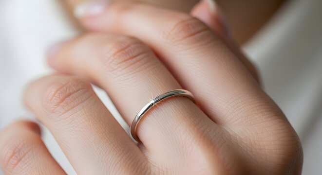Simple Silver Wedding Band on Finger