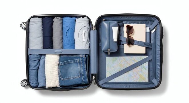 An open suitcase with neatly organized clothing and travel accessories inside