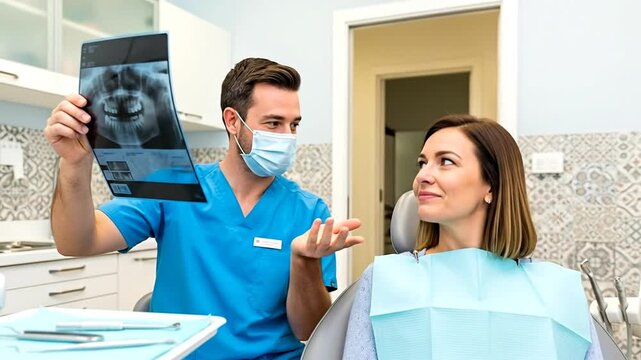Dental Consultation: A dentist and patient collaborate, examining an X-ray in a modern dental office, emphasizing care and examination.