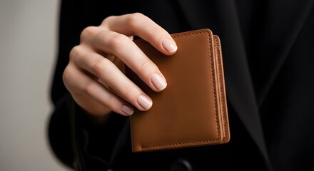 Obraz premium Woman Offers Leather Cardholder for Financial Transaction