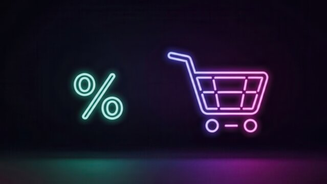 Vibrant neon glow illuminating a percentage sign and shopping cart for digital commerce discounts