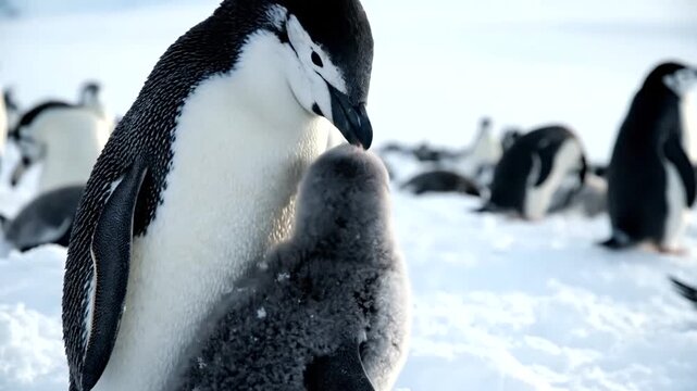 Chinstrap Penguin Parent Caring for Its Fluffy Chick in Antarctica.