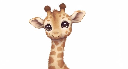 Obraz premium Adorable watercolor baby giraffe illustration featuring big innocent eyes and a soft cheerful expression. AI Generated