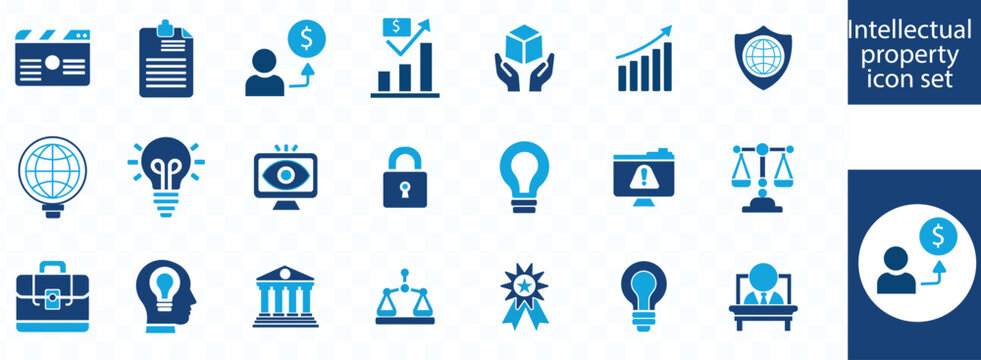 A collection of intellectual property icons depicts concepts like patents trademarks copyrights and innovation all in blue tones high quality professional detailed modern