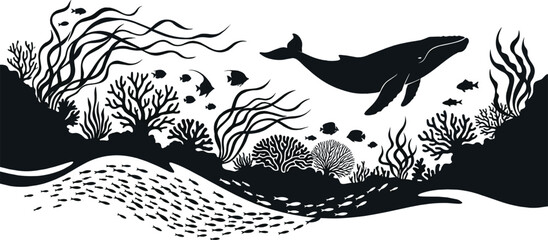 Black Silhouette of Whale and Coral Reef with Marine Life, Fish, Seaweed, and Ocean Waves for Underwater Design, Oceanic Graphics, and Nature Illustrations © MdAshik