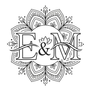 Elegant monogram em with floral mandala design