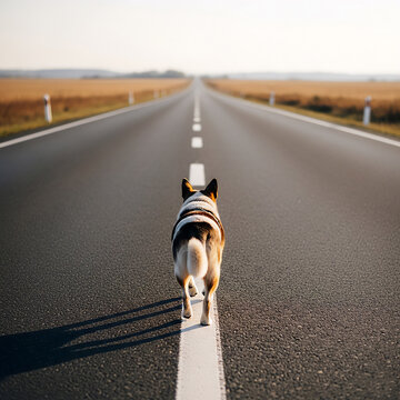 Dog walking path that gradually transforms into long road stretching into distance