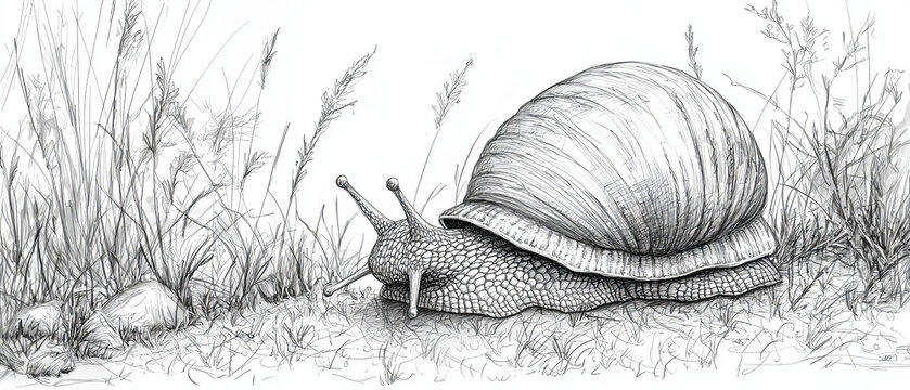 Detailed black and white sketch of a textured snail with eye stalks and a lined shell, amidst tall grass