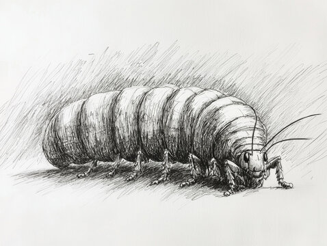 Detailed black ink drawing of a segmented, beetle-like grub with many legs and long antennae, shaded on a white background
