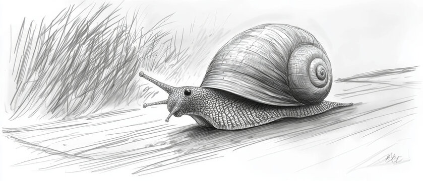 Detailed drawing of a snail with its spiral shell and extended eyestalks, slowly crawling on a path beside tall grass