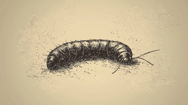 Detailed vintage engraving of a segmented grub-like larva with bristles and antennae, on a textured beige background, rendered in a classic style