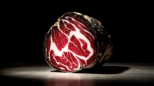 Capicola Cross-Section Resembling Sedimentary Rock Layers, Intricate Marbling of Fat and Lean, Textured Surface, Studio Lighting