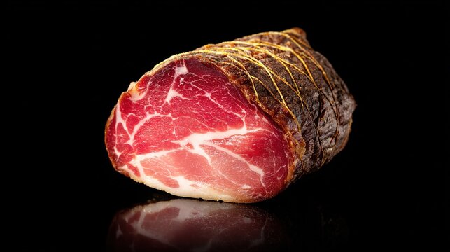 Capicola Closeup Cross-Section, Delicate Fat-Lean Texture, Studio Lighting Highlighting Surface, Natural Pattern Like Sedimentary Rock