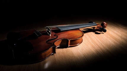Fototapeta premium Single Violin Centered on Dark Stage under Spotlight, Minimalist Composition, Wood Grain and Dramatic Shadows, Classical Instrument Visual Poetry