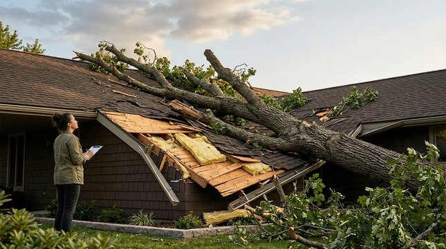 Insurance agent woman inspecting house damage after fallen tree