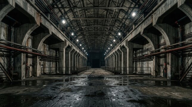 Dark, grungy 3d render of empty futuristic industrial hall, wet floor, concrete pillars, a cyber stage.