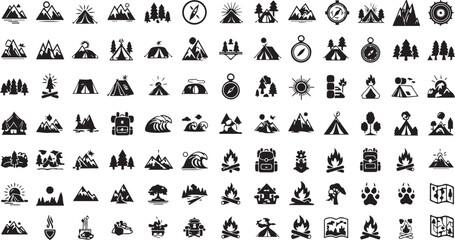 Fototapeta premium Black and white travel icons set, 40 symbols, vector graphics, tourism and transportation illustrations
