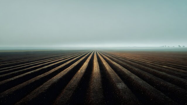 Sunlight rays stretch across a quiet rural landscape with fields, road, and open sky under soft clouds