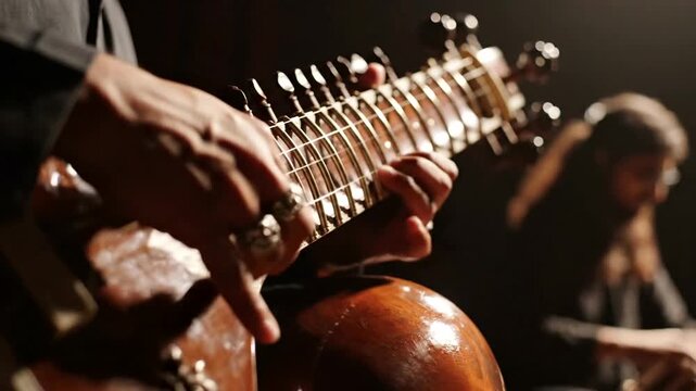 Close up shot of a musician playing the sitar string instrument in a dark room.