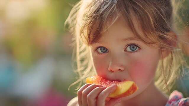 Little girl happily eating a sweet strawberry ice cream in summer nature