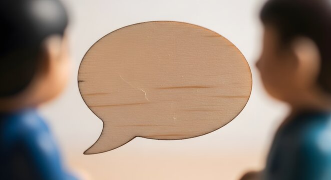 jarak dekat simbol gelembung percakapan kayu kosong antara dua orang blur fokus pada pesan opini umpan balik komunikasi ruang salinan ide kolaborasi