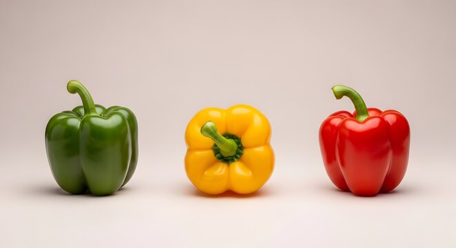 tiga paprika hijau kuning merah berjejer latar belakang studio pastel bahan makanan masakan vegetarian diet sehat sayuran mentah organik warna warni