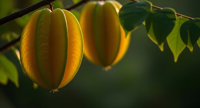 dua buah belimbing kuning hijau tumbuh di dahan pohon daun segar sinar matahari pagi pertanian kebun organik agrikultur tropis alam